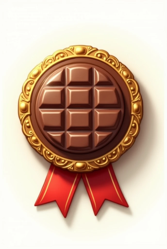 Create an image on a white background in the shape of a badge, a sort of medal. Representing a chocolate bar in cartoon style. But I really want you to see a simple chocolate bar with its squares. Not a character. And I want it to look like a military badge.