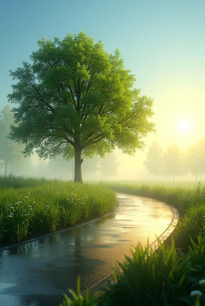 Fresh morning Trees middle there is a metal road that shine with sun light a landscape wallpaper