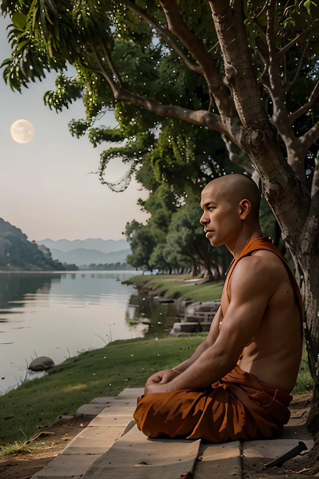 A Theravada monk sitting under a bodhi tree, to the light of the Moon, On the shore of a lake.
