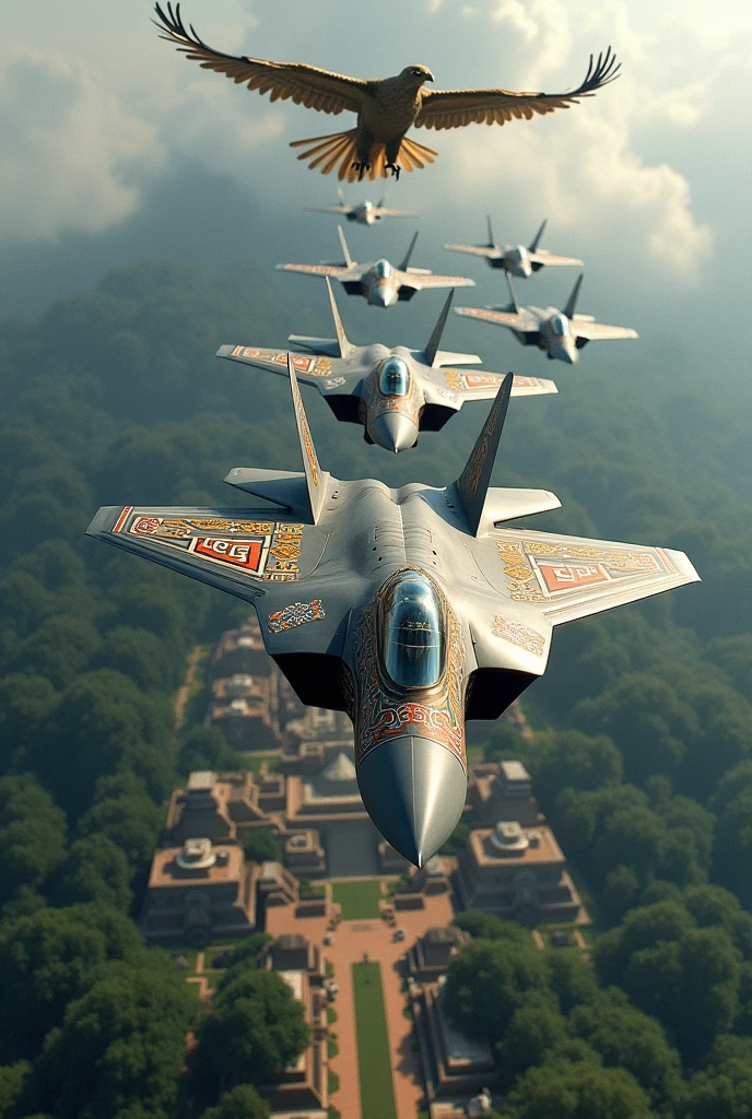 5 f22 planes in formation, seen from the side with motifs of the Aztec empire, Aztec and Mayan city around and Aztec eagle flying, 5 pilots in confident pose and preguspanic armor