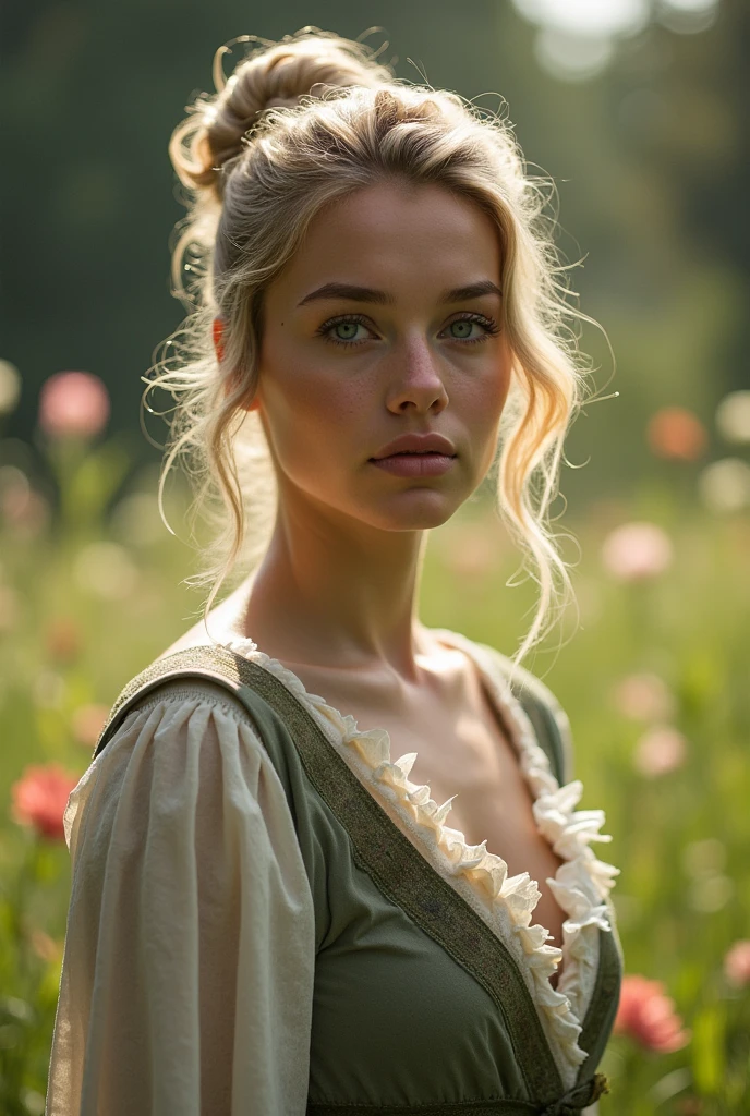1 girl, Hair Bun, beautiful girl, naked, Nord, outdoor, Perfect Light, masterpiece, best quality, Extremely detailed, Movie-like feel, Looking at the audience, 8K, RAW photos, Practical, photo Practical, Complex details, Ultra HD, Full HD, Super Resolution