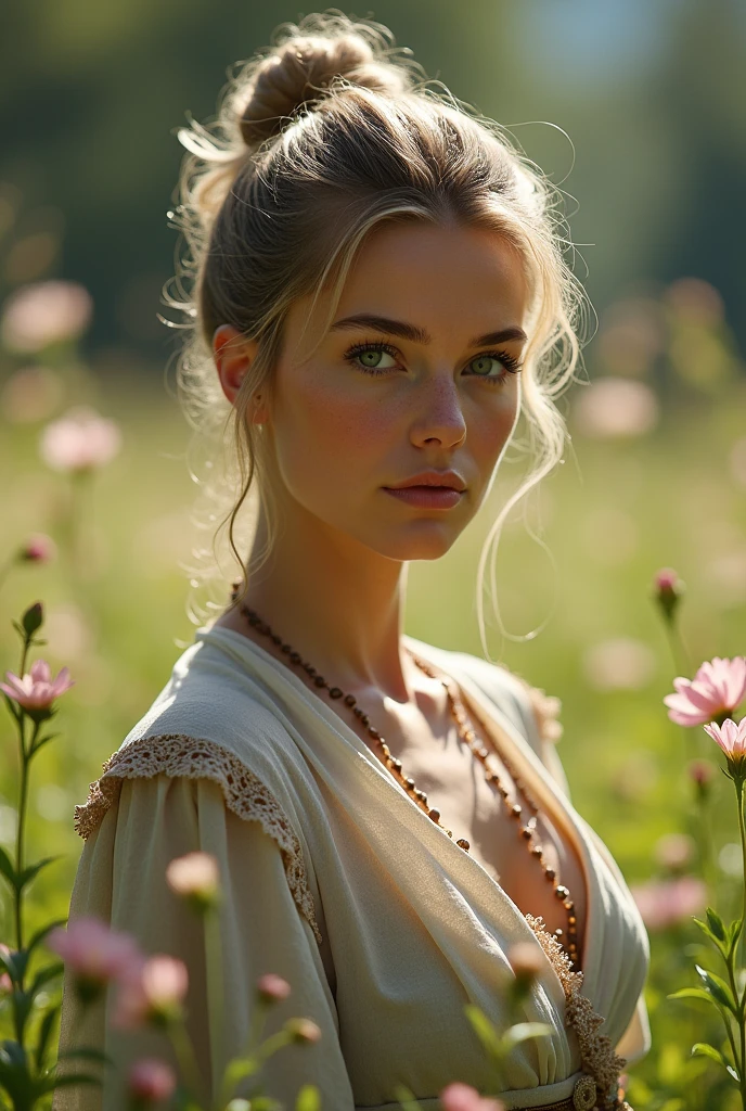 1 girl, Hair Bun, beautiful girl, naked, Nord, outdoor, Perfect Light, masterpiece, best quality, Extremely detailed, Movie-like feel, Looking at the audience, 8K, RAW photos, Practical, photo Practical, Complex details, Ultra HD, Full HD, Super Resolution