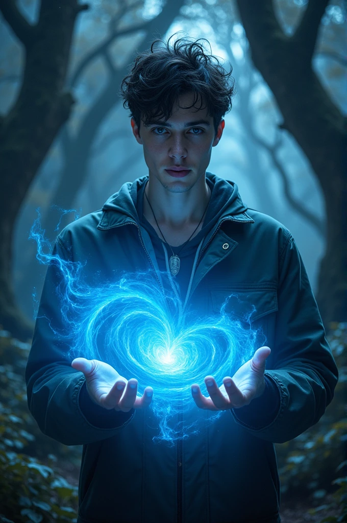 Dark haired white young man with blue magic 