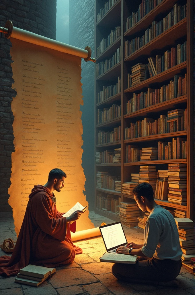 Make an image split in the middle,One part will have medieval poetry and the other part will have modern literature