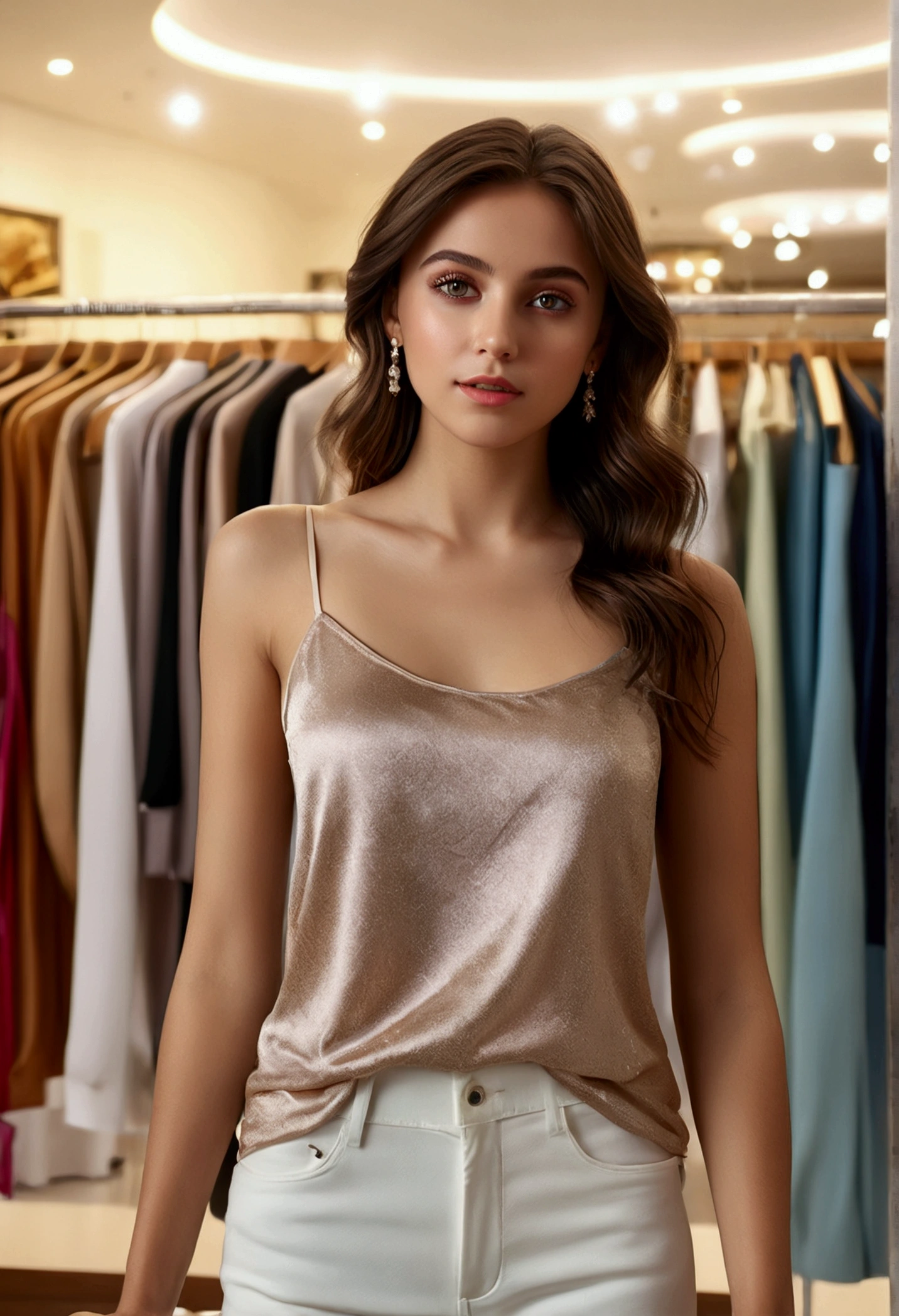 (masterpiece, best quality:1.5), highest quality, High resolution, super detailed, Realists, Full body photo of a young European brunette, detailed and beautiful brown eyes, very detailed eyes and face, longeyelashes, the young woman wears a long tank top with thin straps made of shiny satin and long tight pants, beautiful natural makeup, elegant and noble々Pose, Gardens as background, soft daylight, bright colors, fine brushstrokes, shiny fabric for clothing, beautiful color palette, glowing skin, First-class rendering, that captures every detail, enchanting atmosphere, subtle shadows and lights, (perfect anatomy:1.2), (The stunning young woman stands in a clothing store and is excited, (magnificent panorama view:1.2)