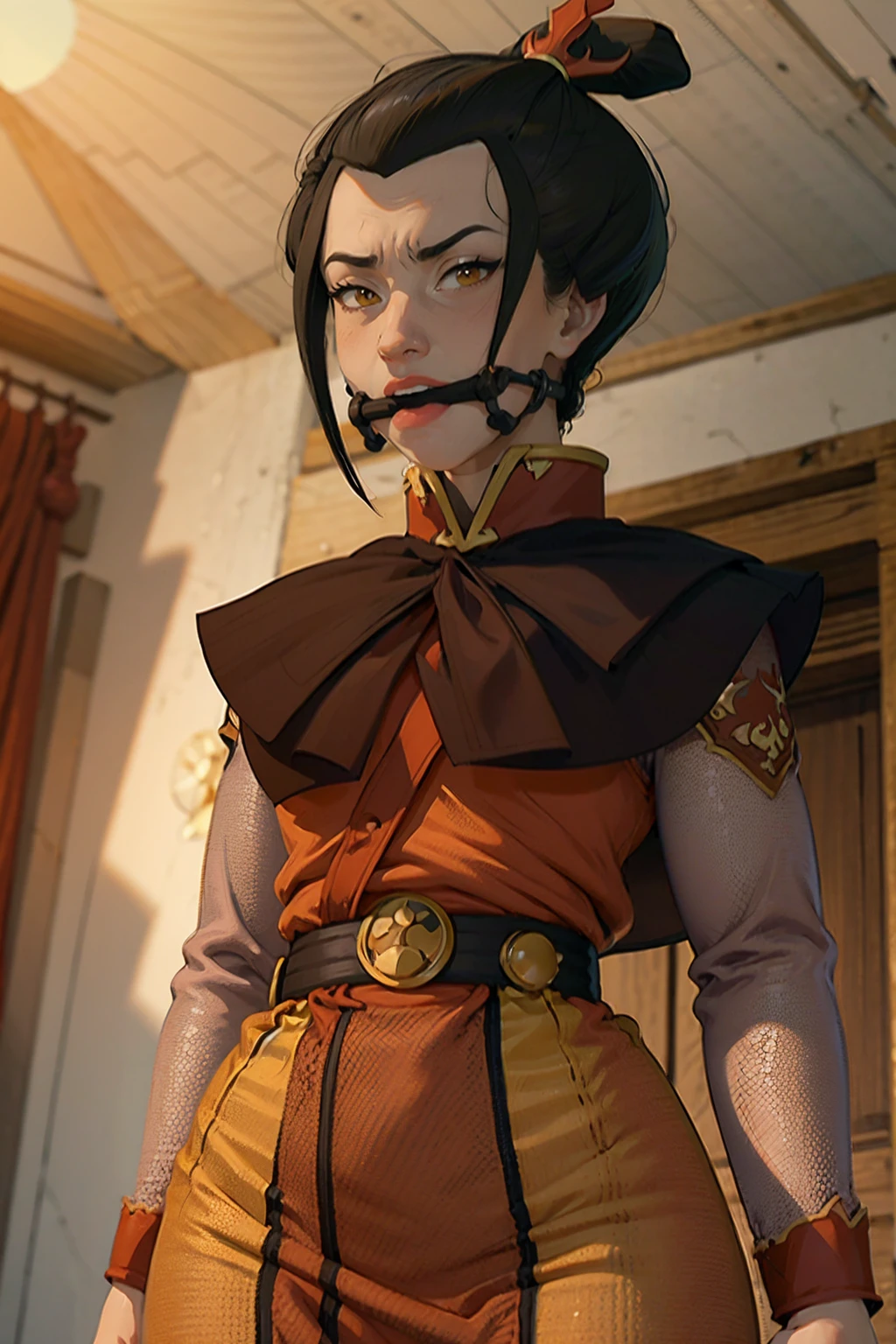 8k, ray tracing, vibrant colors, (1girl), (solo:1.4), (Azula:1.4), red clothes, black hair, short hair, topknot, (bitgag:1.9), full body, (brown orange eyes:1.4), slender body, masterpiece, sharp focus, Best Quality, depth of field, cinematic lighting, very detailed clothes, (used condoms, condom belt, used condom belt, condom hair ornament:1.6), Perfect eyes, perfect hair, Rich in details and textures, masterpiece, Best Quality, beautiful girl, Sun light, chiaroscuro, (perfect hands:0.7, Clean hands:0.7), ((((Professional photography)))), ((Dream)), Whole body
