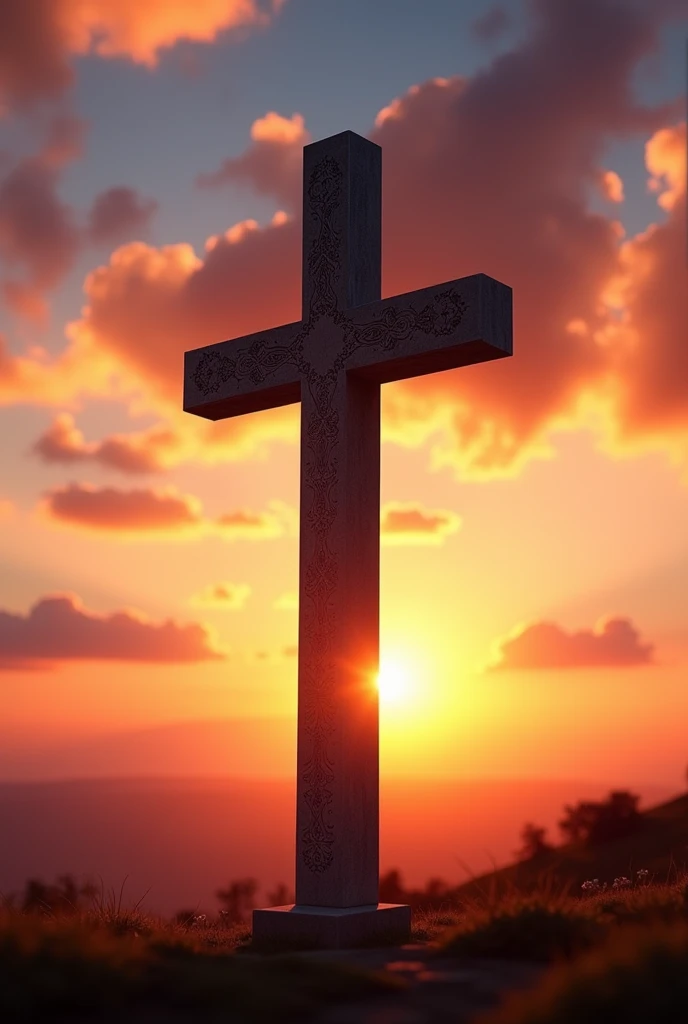 A cross with the sunset in the background 