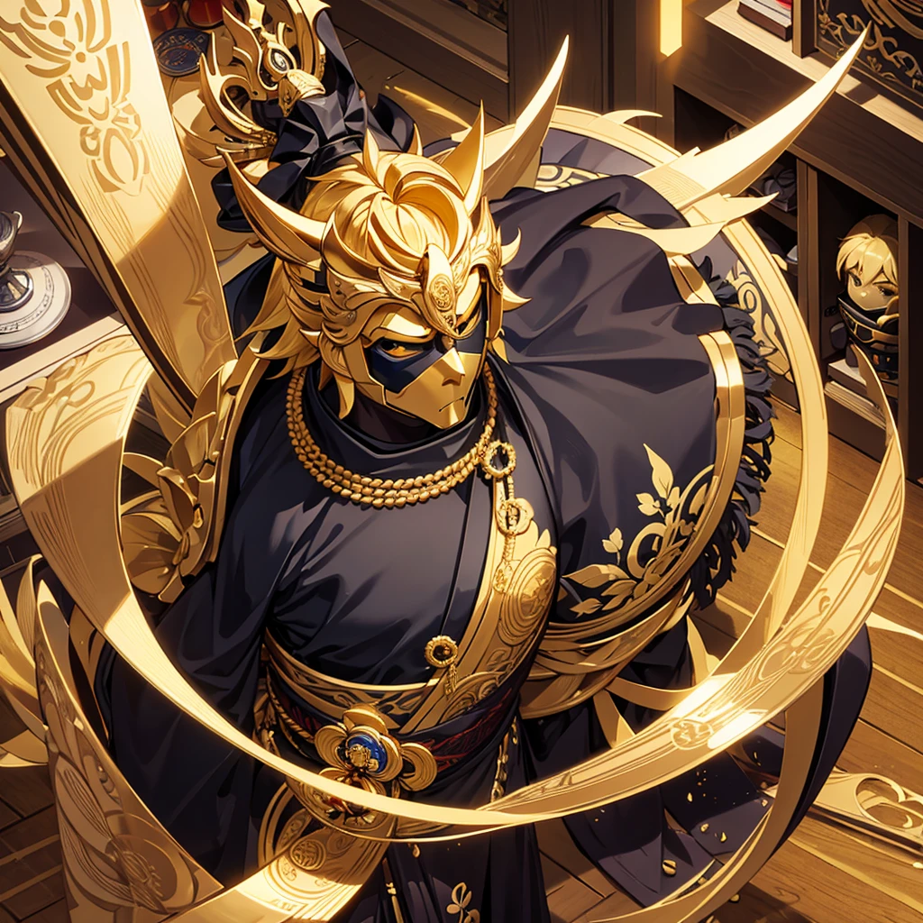 Create a golden samurai with a mask looking at a trophy and achievement display case dressed in a black kimono      