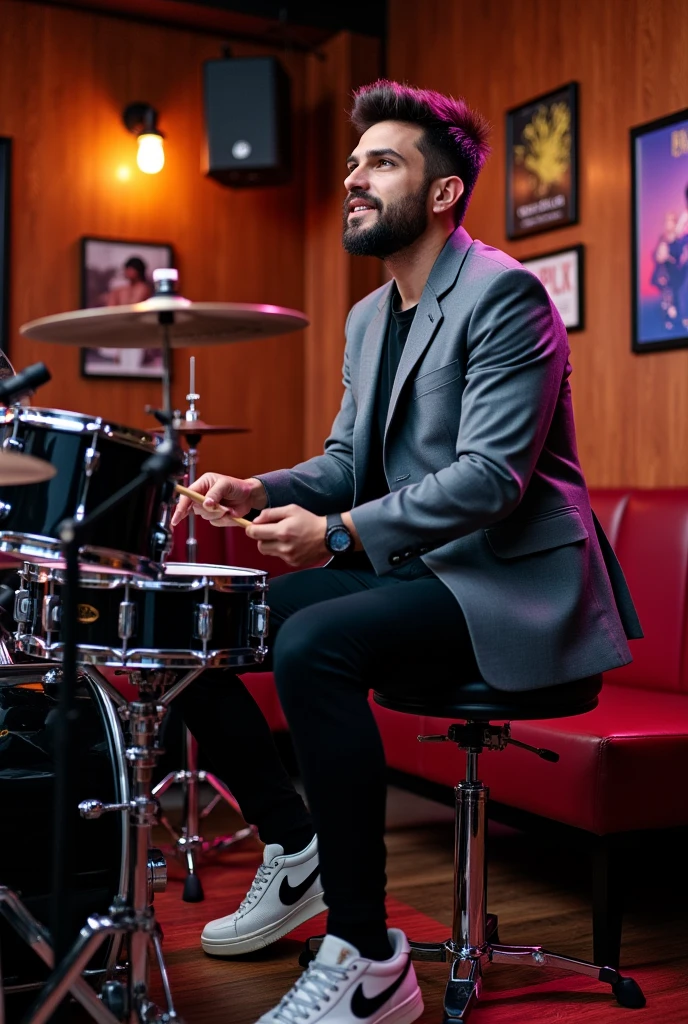 (photorealism:1.2), man playing drums, wearing grafite gray sport suit with black pants and white black