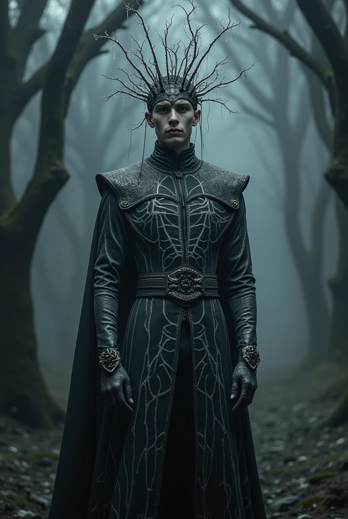 Asrif whose clothes were dark gray silver and his clothes had structures like white coloured blood veins. He had crown like a small cage