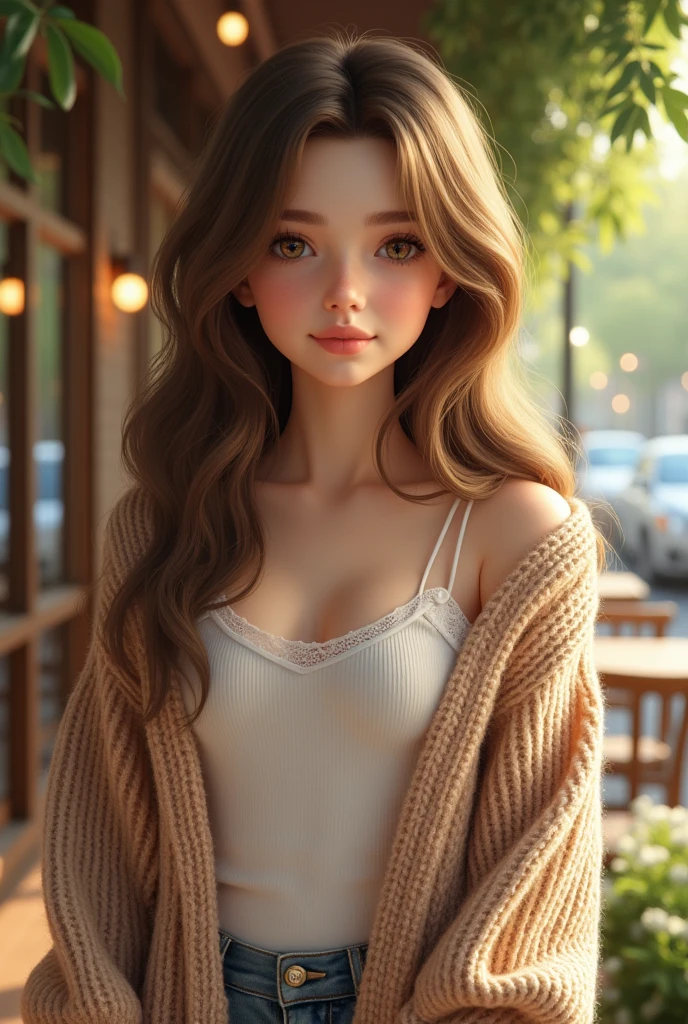 (photorealism:1.2), 25 year old girl, Light brown hair, clear brown eyes, White skin, dressed in a jumper, and white top, 167cm tall and doll body, that looks as realistic as possible
