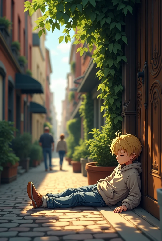 Generates a blonde anime boy of about 15 years old sleeping on the street in a doorway of a house 