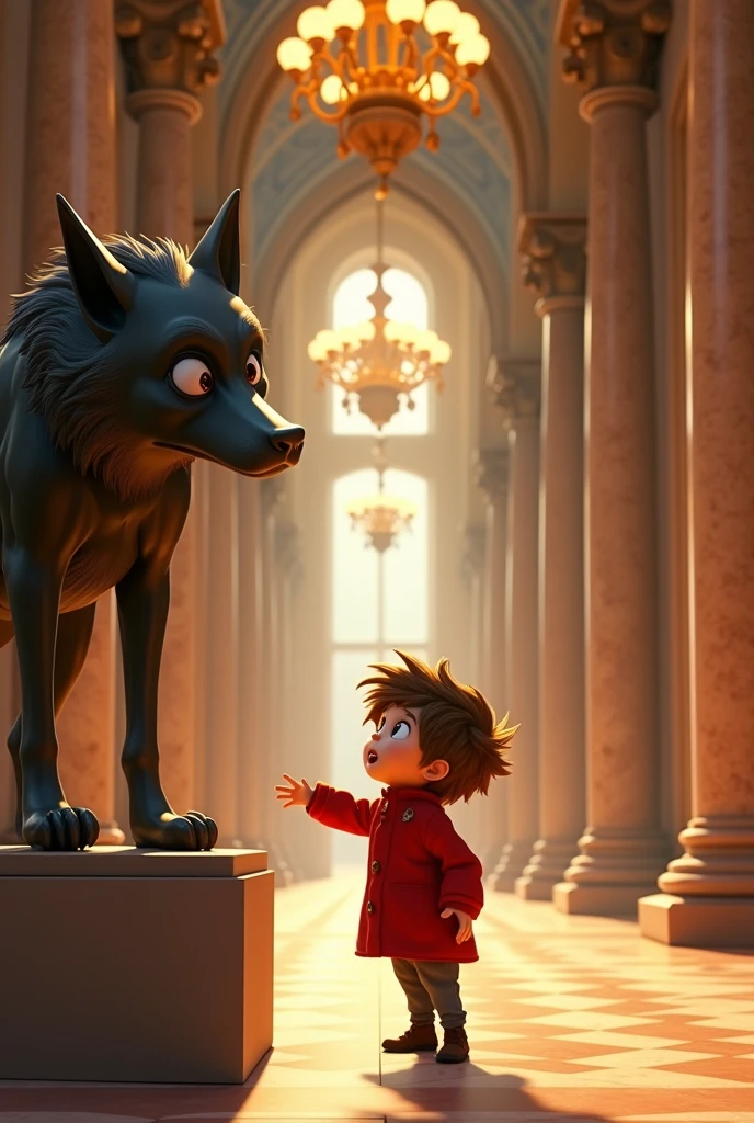 A whimsical animated image of a young boy with brown hair, bright and frightened hazel eyes, Standing in a grand museum gallery between ornate marble columns and intricate tile floors, Surrounded by luxurious chandeliers that cast a warm golden light. She is dressed in a red coat. in front of her, on a pedestal, There is a magnificent statue of an iron wolf. She looks and touches the statue. The general atmosphere is one of quiet wonder., high