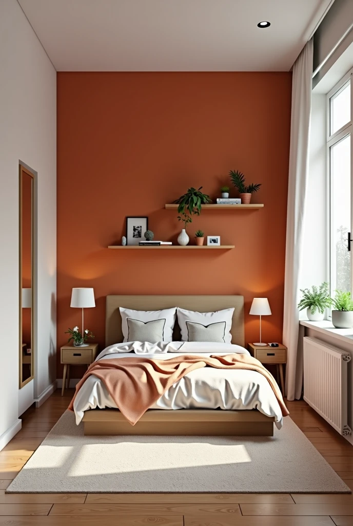 Design a 5m² bedroom Walls and colors:
Choose one of the walls to be the terracotta wall. You can color this wall in a terracotta tone.
The other three walls should be painted white..
Furniture:
bed-in:
Draw the double bed (1.96 x 2.10m). To simplify, place the bed against the wall opposite the terracotta wall. The length of the bed (2.10m) must be aligned with the wall.
The bed will take up a significant portion of the space, so make sure to leave space around for circulation.
nightstand:
Place a small bedside table (or floating shelves) Beside the bed. Essas podem ser desenhadas como retângulos pequenos Beside the bed.
wardrobe:
Place the wardrobe on the wall opposite the head of the bed or on one of the side walls.. To simplify, draw a rectangle to represent the closet.
mirror:
Add a mirror to the side wall or inside of the wardrobe door. It can be a narrow rectangle.
Mattire:
Draw a small rug in front of the bed, centred.
Shelves or Plants:
Add shelves above the bed or next to the wardrobe, represented by horizontal lines or small rectangles.
