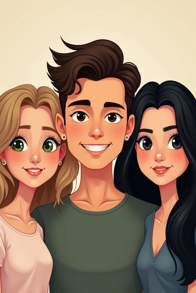 logo appearing only from the neck up: a sister aged 23, with medium blonde hair but light brown at the roots and green eyes, a brother in the middle aged 30, no mustache and no beard, with brown hair, a 31 year old sister with black eyes and long black hair.