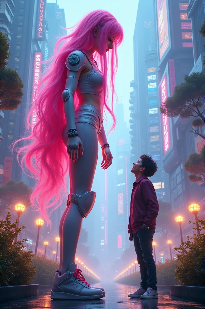 20-meter-tall Mirai Akari playing with a 2-meter-tall man
