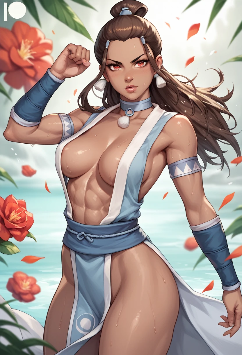 3062197697 Kanae Hyiori, a beautiful woman from the Water Tribe, has red eyes, long brown hair, her dark skin, she has a toned and strong body, in front of a lush igloo, wearing a standard Water Tribe coat, with a close-up capturing the harmonious beauty between her natural breasts, showcasing her mastery of Waterbending, in a fighting stance.