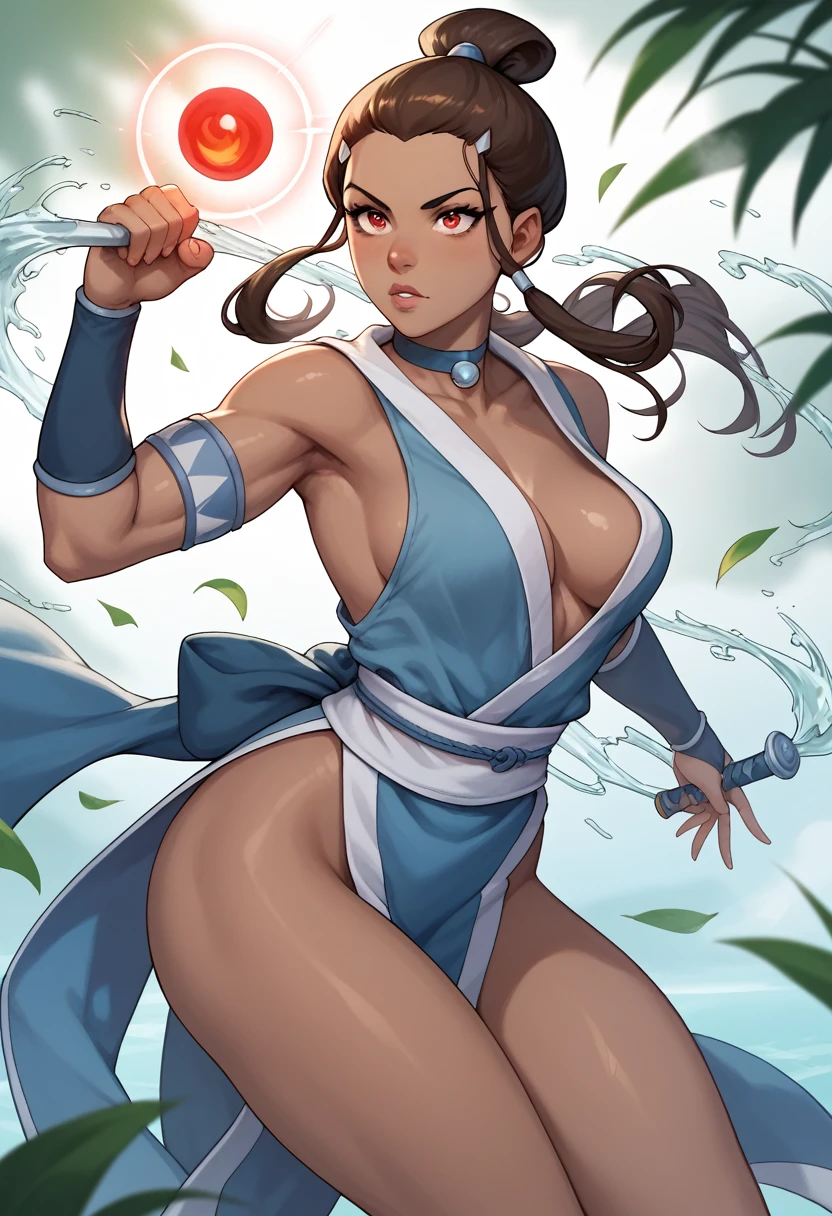 3062197697 Kanae Hyiori, a beautiful woman from the Water Tribe, has red eyes, long brown hair, her dark skin, she has a toned and strong body, in front of a lush igloo, wearing a standard Water Tribe coat, with a close-up capturing the harmonious beauty between her natural breasts, showcasing her mastery of Waterbending, in a fighting stance.