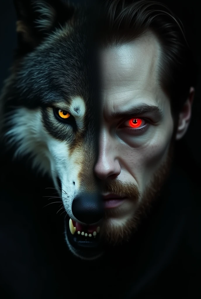 Ultrarealistic photography, face of a man, Half werewolf and half vampire. dark background