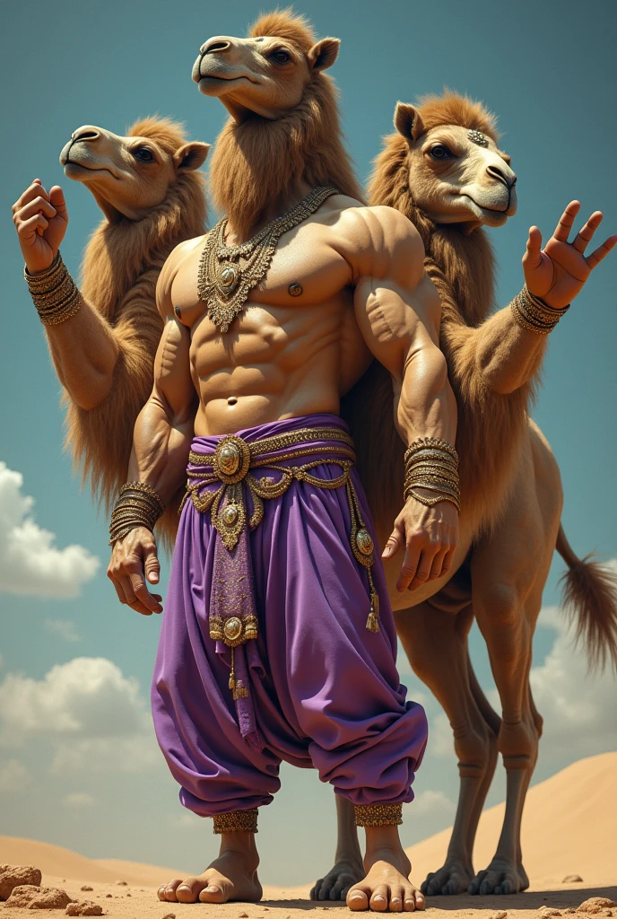 camel with 3 heads and 4 arms, bipedal, with a muscular body like a bodybuilder, furry body, wearing purple sultan pants, standing, showing off his muscles, add more 2 arms on it, doing an indian deity pose, seen from the side