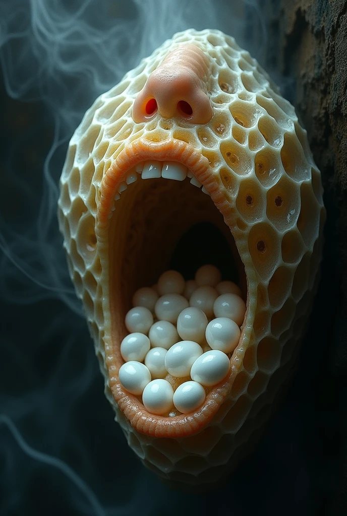 A honeycomb-like formation in the throat, with white eggs in it, trypophobia 