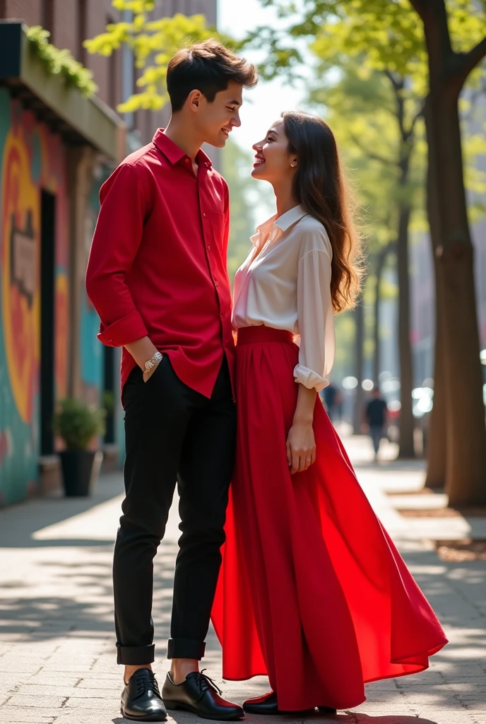 Teenager man in black pants and red shirt accompanied by teenage woman in long red skirt and white blouse