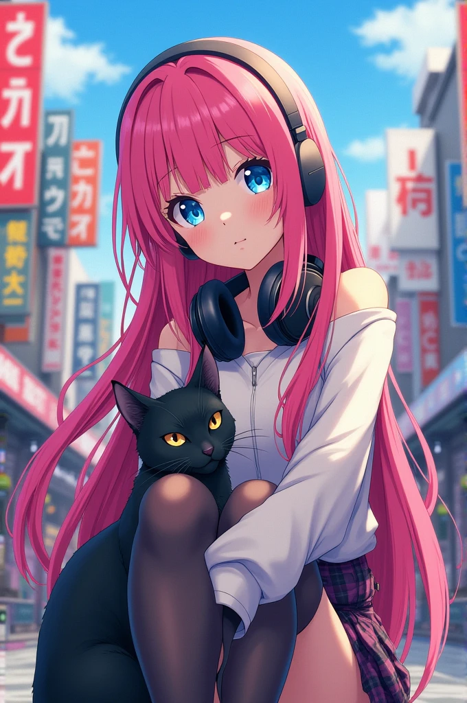 Bnha anime girl pink hair and headphones, blue eyes, nice clothes and a black cat