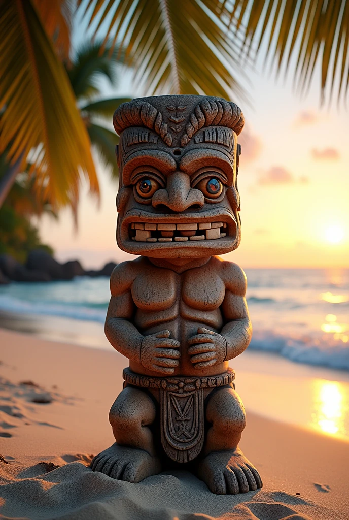 NSFW (nude) (male tiki with large penis) full body, standing on a deserted beach