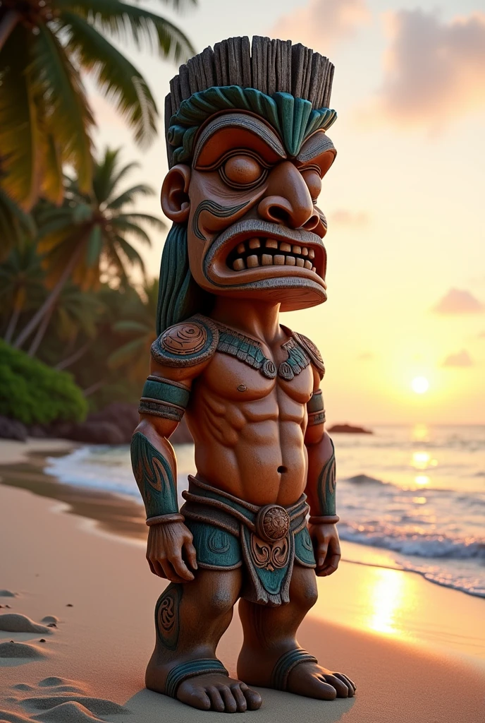 NSFW (nude) (male tiki with large penis) full body, standing on a deserted beach