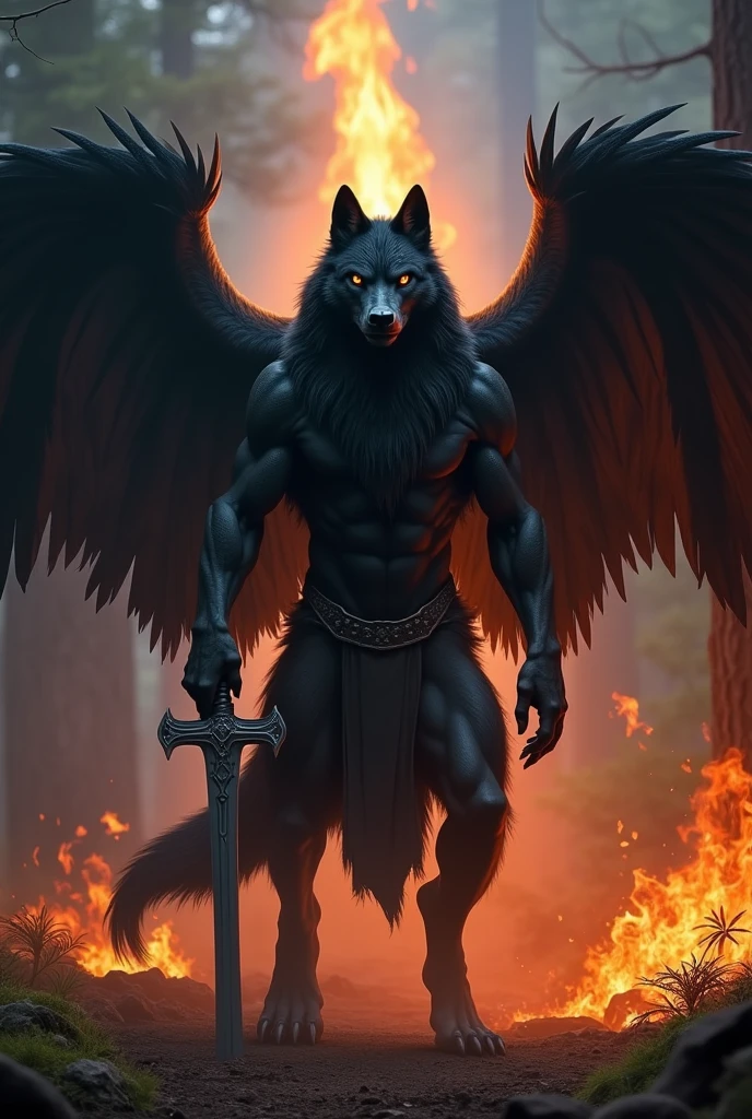 black werewolf, swordsman, black wings, fire behind the head.