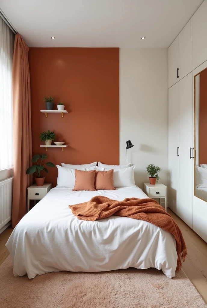 Draw a room 5m by 5m Walls and colors:

Choose one of the walls to be the terracotta wall. You can color this wall in a terracotta tone.
The other three walls should be painted white..

Furniture:

bed-in:

Draw the double bed (1.96 x 2.10m). To simplify, place the bed against the wall opposite the terracotta wall. The length of the bed (2.10m) must be aligned with the wall.
The bed will take up a significant portion of the space, so make sure to leave space around for circulation.

nightstand:

Place a small bedside table (or floating shelves) Beside the bed. Essas podem ser desenhadas como retângulos pequenos Beside the bed.
wardrobe:

Place the wardrobe on the wall opposite the head of the bed or on one of the side walls.. To simplify, draw a rectangle to represent the closet.
mirror:

Add a mirror to the side wall or inside of the wardrobe door. It can be a narrow rectangle.
Mattire:

Draw a small rug in front of the bed, centred.
Shelves or Plants:

Add shelves above the bed or next to the wardrobe, represented by horizontal lines or small rectangles.
