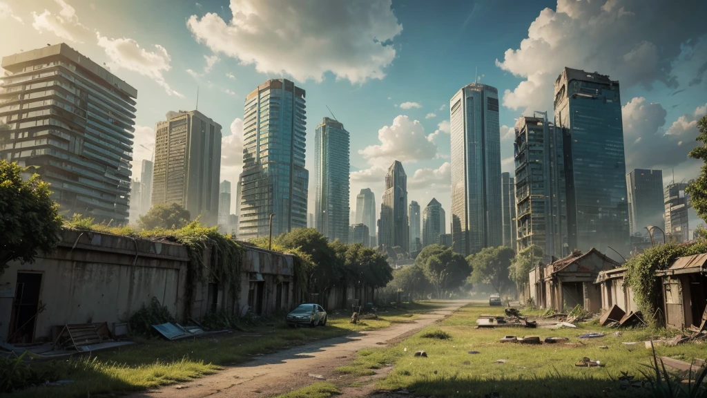 A post-apocalyptic cityscape, ruined buildings, overgrown with foliage, shades of yellow and blue, digital painting, vibrant green trees, dramatic sunlight, cloudy sky