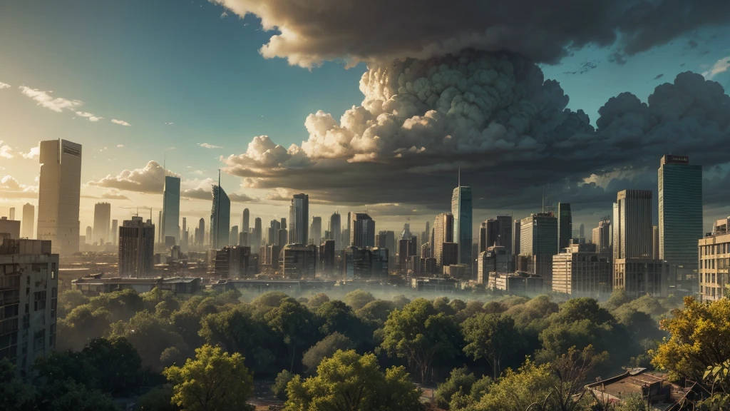 A post-apocalyptic cityscape, ruined buildings, overgrown with foliage, shades of yellow and blue, digital painting, vibrant green trees, dramatic sunlight, cloudy sky