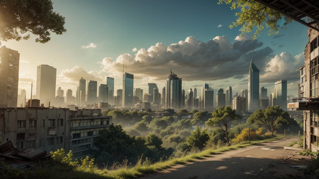 A post-apocalyptic cityscape, ruined buildings, overgrown with foliage, shades of yellow and blue, digital painting, vibrant green trees, dramatic sunlight, cloudy sky