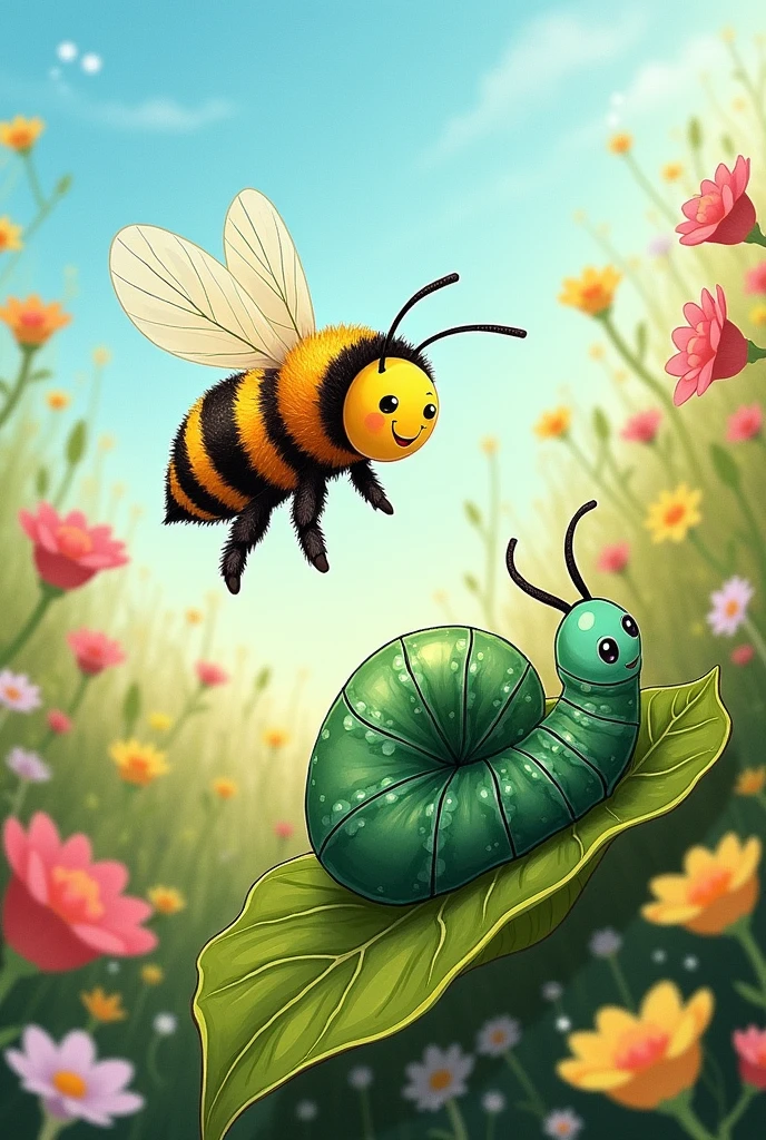 Drawing of a bee with a caterpillar for a story