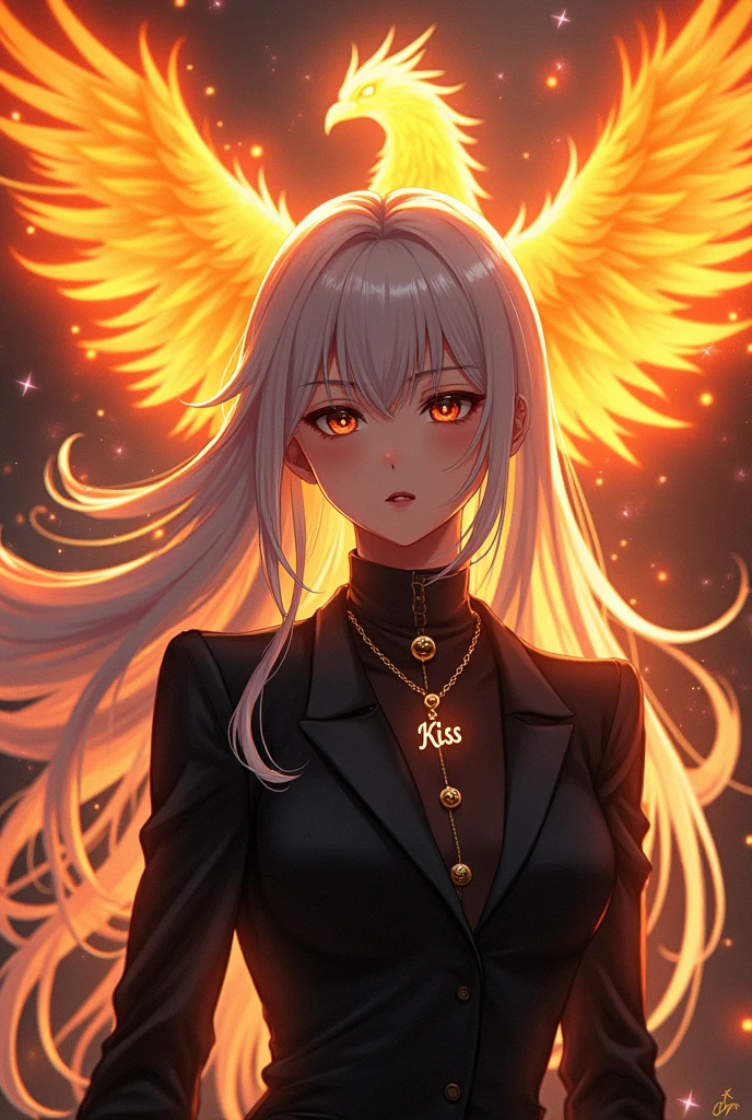 a anime girl with white hair wearing a formal black outfit and wearing a necklace with name "Kiss" on it with a firing phoenix in her back 