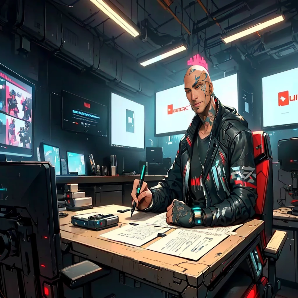 arafed man sitting at a desk with a pen and paper 50yo, bold, hairless, cyberpunk 2077 character art