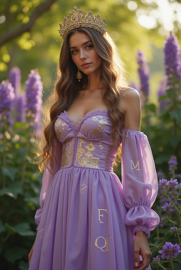 James whose clothes were of light brinjal colour on which some script was written. She had crown mad of strange alphabet.