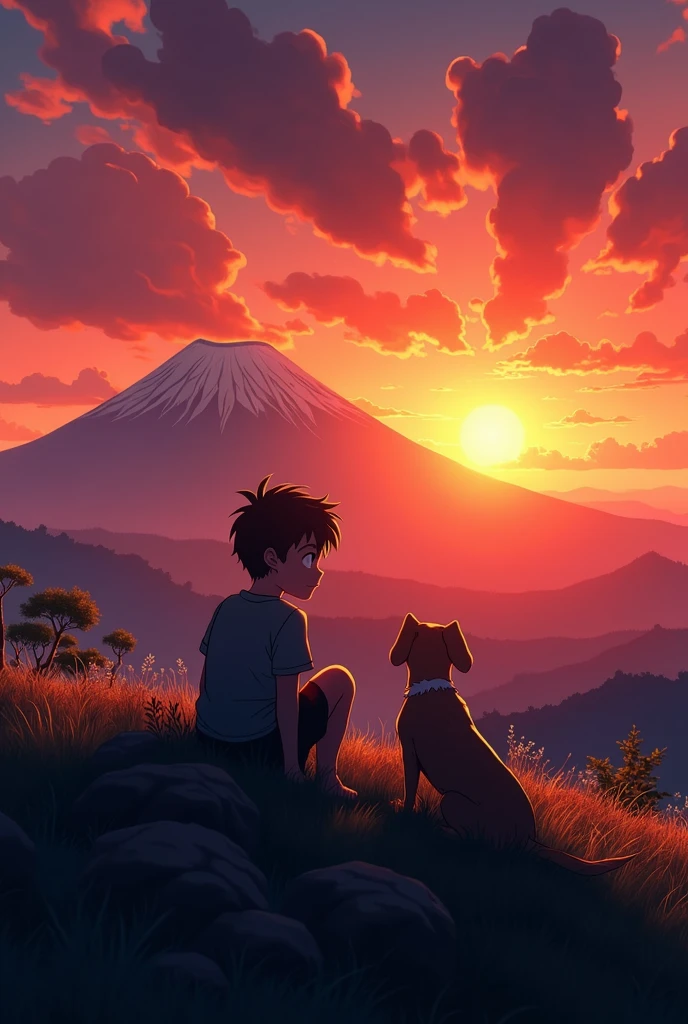 high quality, 8K Ultra HD, great detail, masterpiece, an anime style digital illustration, anime landscape of a young boy with his dog sitting on a high hill looking at a hellish orange and red sunset, anime nature wallpapers with serene sky, beautiful anime scene, beautiful anime peace scene, Mountain Kilimanjaro , beautiful anime scene, amazing wallpaper, 8k anime art wallpaper, anime background, artistic anime background, wallpaper 4k anime, 4k anime art wallpaper, 4k anime art wallpaper,