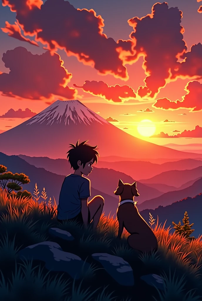 high quality, 8K Ultra HD, great detail, masterpiece, an anime style digital illustration, anime landscape of a young boy with his dog sitting on a high hill looking at a hellish orange and red sunset, anime nature wallpapers with serene sky, beautiful anime scene, beautiful anime peace scene, Mountain Kilimanjaro , beautiful anime scene, amazing wallpaper, 8k anime art wallpaper, anime background, artistic anime background, wallpaper 4k anime, 4k anime art wallpaper, 4k anime art wallpaper,