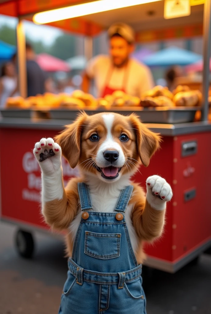 {
  "prompt": "A brown and white puppy, wearing denim overalls, stands in front of a grilled chicken cart. The puppy has one hand raised in excitement, showing it has an idea, with a wide, joyful smile. The cart features visible trays of grilled chicken, and the scene has a lively, street food atmosphere.",
  "aspect_ratio": "9:16"
}
```​⬤