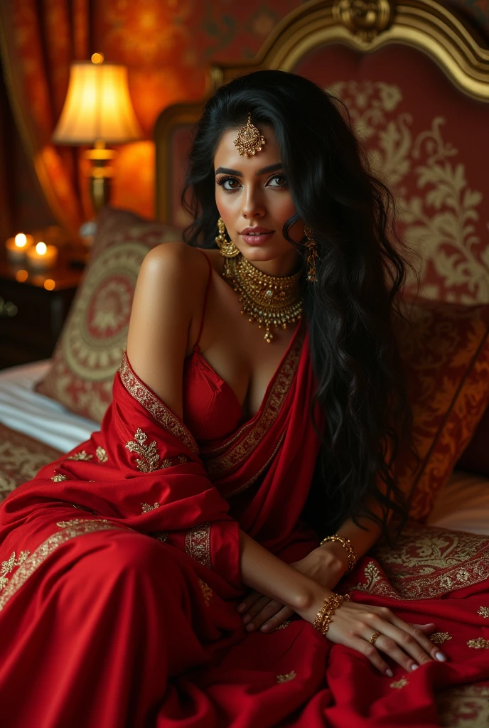 Hot Indian wife arafed woman in a red sari laying on a bed