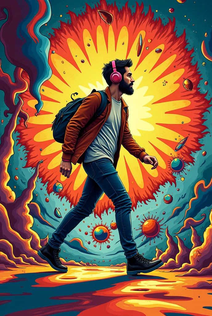 style pop art, profile angle, Whole body, a man with headphones, walking from left to right, stuck in time loop