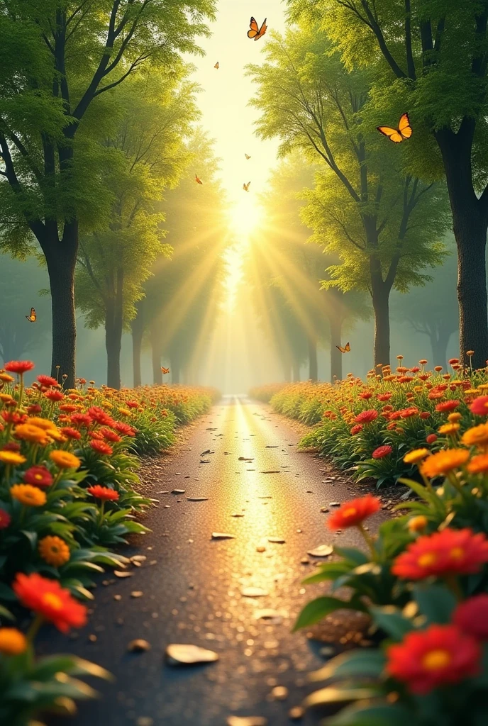 Fresh morning Trees middle there is a metal road that shine with sun light a landscape wallpaper with beautiful flowers and butterflies