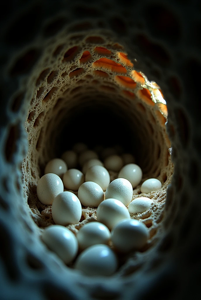 A honeycomb-like formation inside the throat, with white eggs in it, trypophobia
