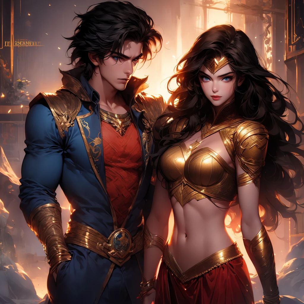 Hes the male version of wonderwoman his name is Dean of Themyscira but his super hero name is Wonderboy he is a is a noticeably tall and fair-skinned man with straight waist-length black hair, blue eyes, and broad shoulders.Themyscira She is ageless and attractive in appearance, sporting a slender and athletic frame with a muscular build his personality is compassionate caring, stubborn, opinionated, highly competitive, outgoing immortal Amazon is an accomplished strategist and tactician, leader, and diplomat. She has been shown to astrally project herself into various lands of myth. In some cases, she has shown the ability to place individuals into a state of sleep while under the power of her golden lasso and has long hair and wide blue beautiful eyes and shirtless but wears shorts from his waist to his knees with his golden lasso on his waist and a golden and wearing Bracelets of Submission on his wrists and only his chest is showing and his suit covers his abs and the rest of his body with a more feminine eyes and face and a smile and long wavy hair to his shoulders , 1 person