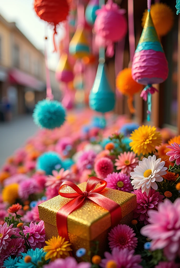 A logo-type image with gifts, bouquets of flowers, piñatas ...with the phrase creations with love