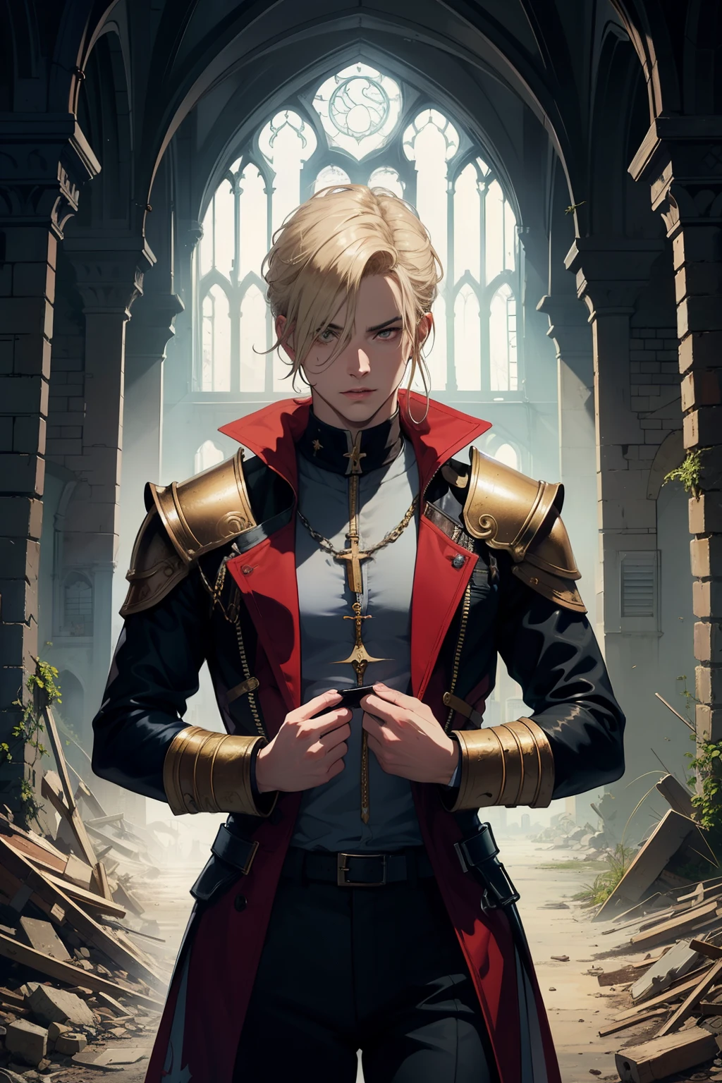 d character&d, paladin, naughty man, 24anos, average size, 1,82m, 85kg, offwhite, yellowish brown eyes, blond, narcissist, chic, of noble family, but finished, alone in the middle of a ruined church, with the correct eyes