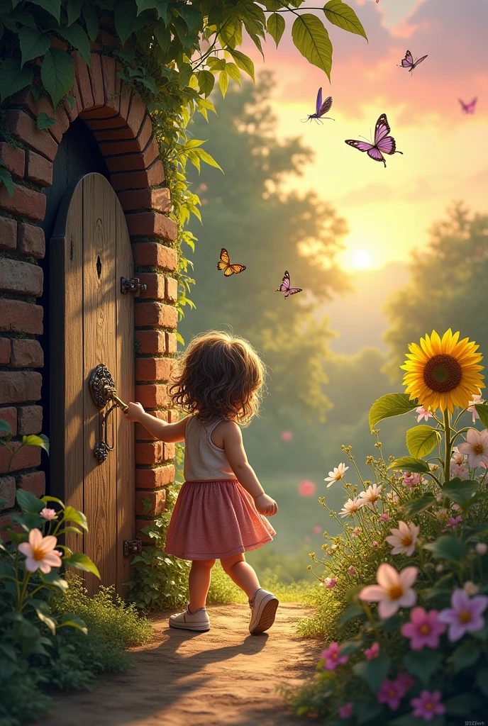 In a quiet park, a child found a tiny, golden key. She glanced around, spotting an old, forgotten door in a nearby wall. The key turned effortlessly, revealing a hidden garden blooming with the most vibrant flowers she'd ever seen.