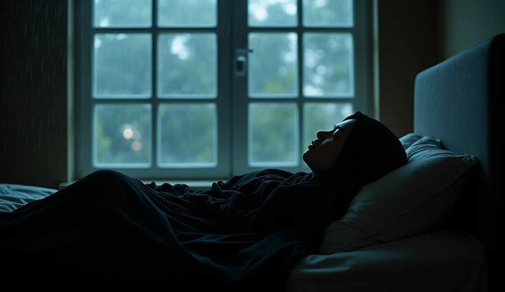 Rain sleep Muslim woman black veil glass window sleeping in a room with lightning rain